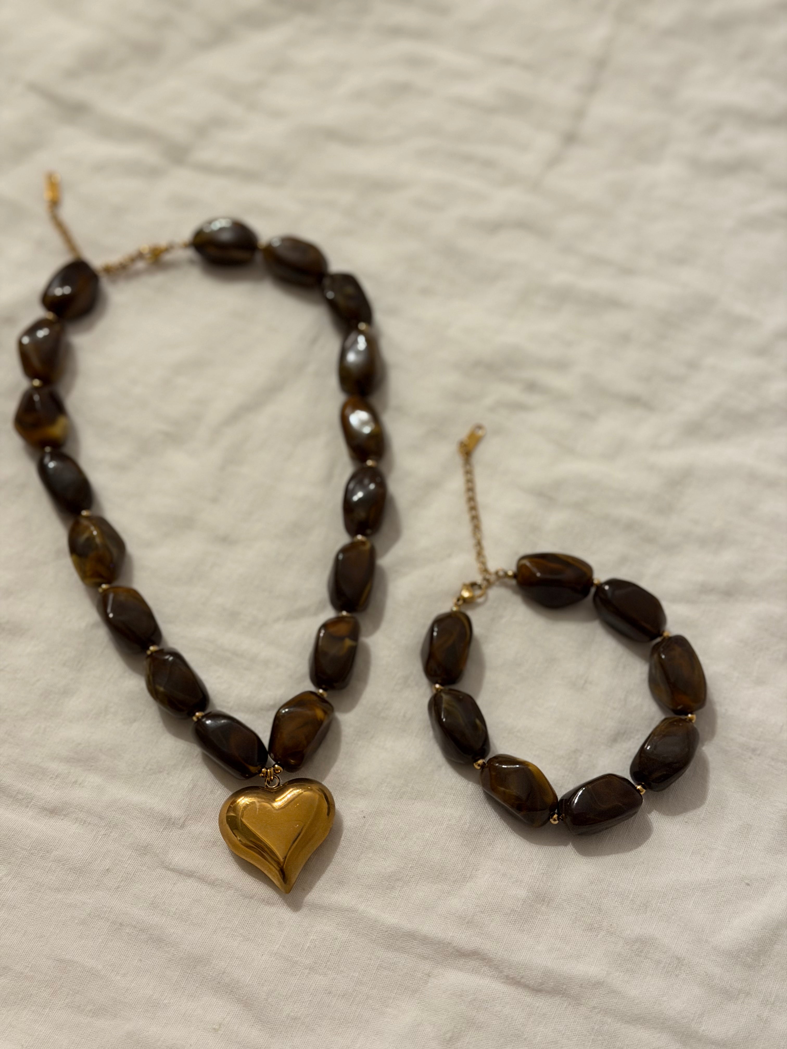 Chunky heart bruine kralen set